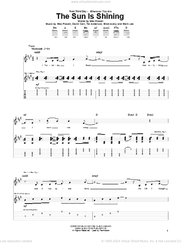 The Sun Is Shining sheet music for guitar (tablature) by Third Day, Brad Avery, David Carr, Mac Powell, Mark Lee and Tai Anderson, intermediate skill level