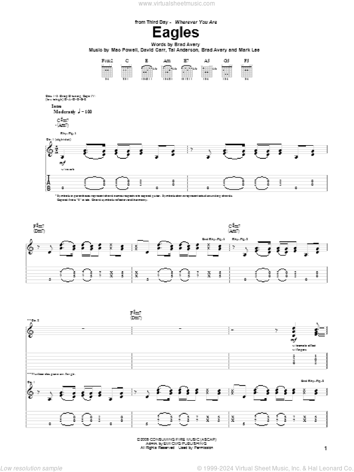 Eagles sheet music for guitar (tablature) by Third Day, Brad Avery, David Carr, Mac Powell, Mark Lee and Tai Anderson, intermediate skill level