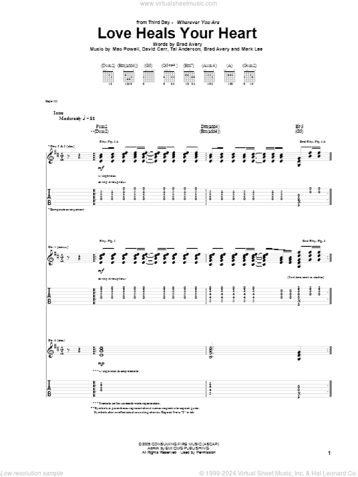 Love Heals Your Heart sheet music for guitar (tablature) by Third Day, Brad Avery, David Carr, Mac Powell, Mark Lee and Tai Anderson, intermediate skill level