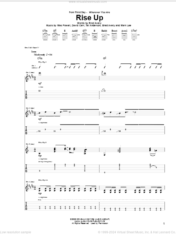 Rise Up sheet music for guitar (tablature) by Third Day, Brad Avery, David Carr, Mac Powell, Mark Lee and Tai Anderson, intermediate skill level