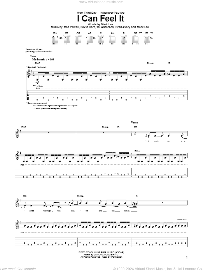 I Can Feel It sheet music for guitar (tablature) by Third Day, Brad Avery, David Carr, Mac Powell, Mark Lee and Tai Anderson, intermediate skill level