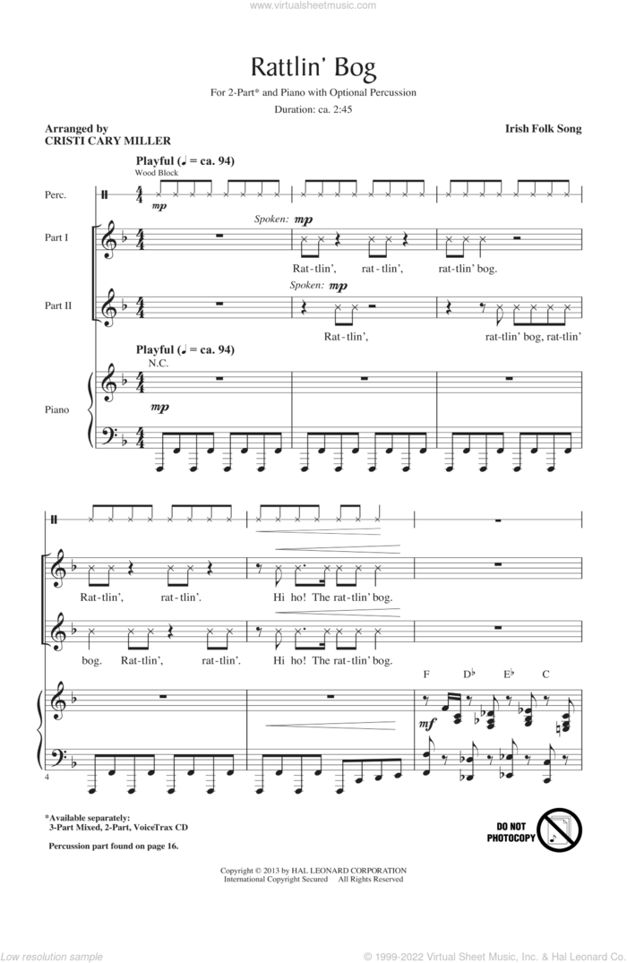 Rattlin' Bog sheet music for choir (2-Part) by Cristi Cary Miller, intermediate duet