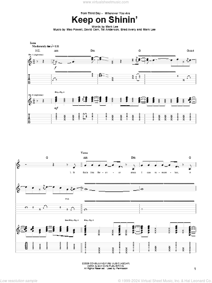 Keep On Shinin' sheet music for guitar (tablature) by Third Day, Brad Avery, David Carr, Mac Powell, Mark Lee and Tai Anderson, intermediate skill level