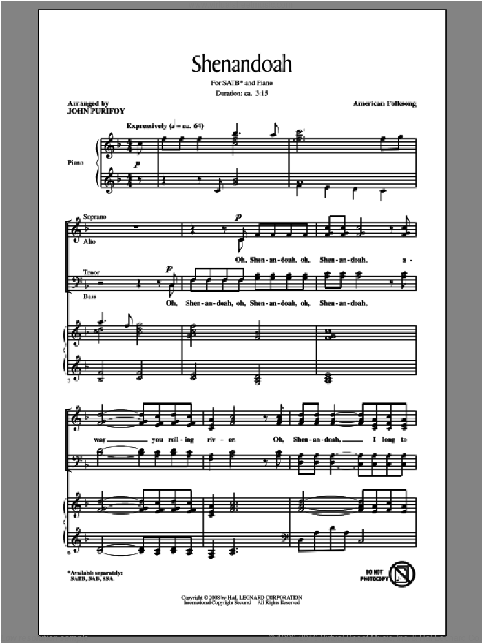 Shenandoah sheet music for choir (SATB: soprano, alto, tenor, bass) by John Purifoy, intermediate skill level