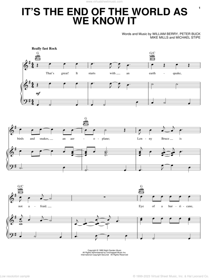 It's The End Of The World As We Know It sheet music for voice, piano or guitar by R.E.M., Chicken Little (Movie), Mike Mills, Peter Buck and William Berry, intermediate skill level