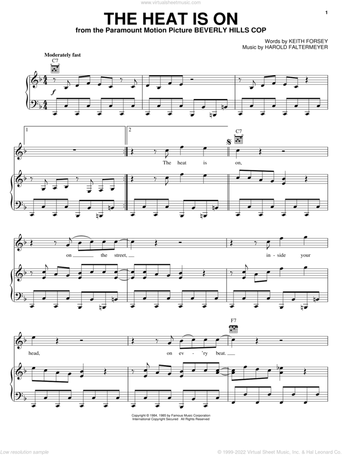 The Heat Is On sheet music for voice, piano or guitar by Glenn Frey, Harold Faltermeyer and Keith Forsey, intermediate skill level