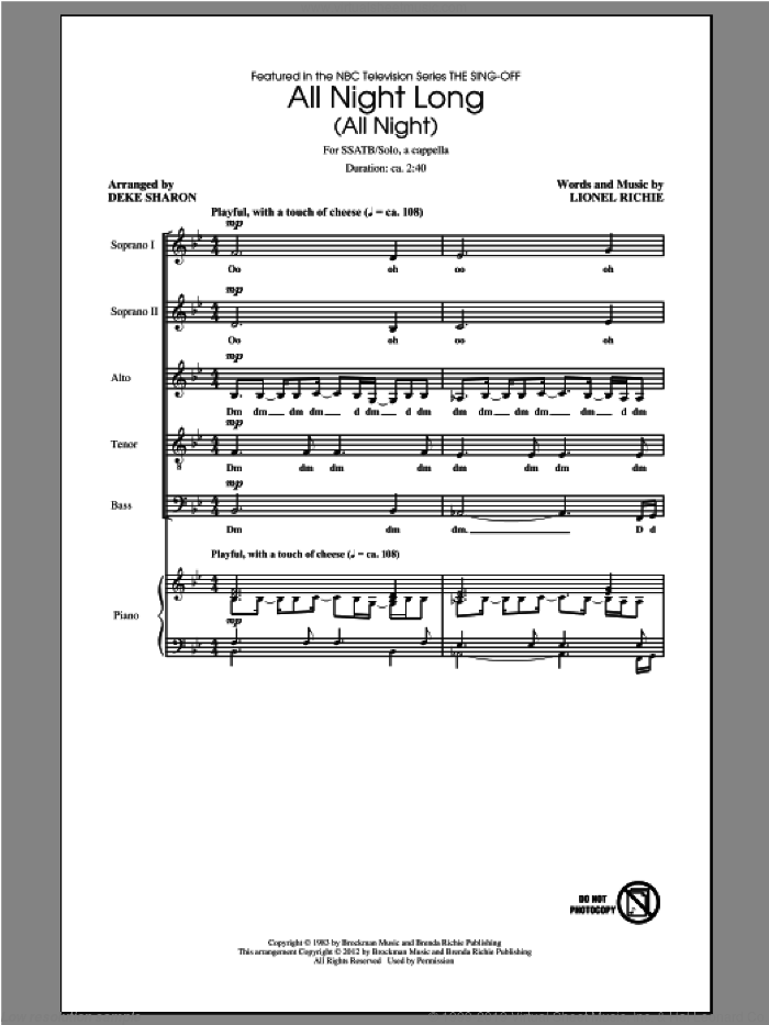 All Night Long (All Night) (arr. Deke Sharon) sheet music for choir (SSATB) by Deke Sharon and Lionel Richie, intermediate skill level