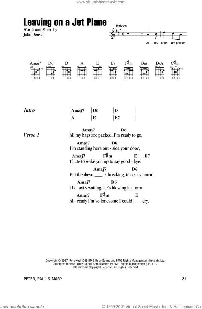 Leaving On A Jet Plane sheet music for guitar (chords) by Peter, Paul & Mary, intermediate skill level