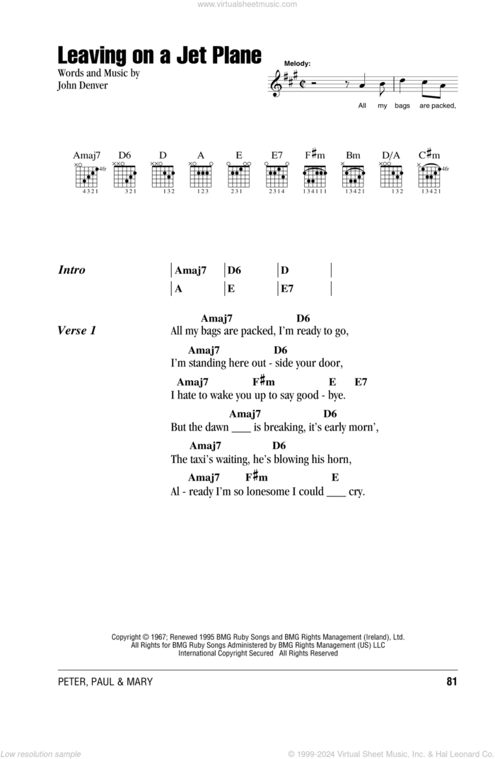 Leaving On A Jet Plane sheet music for guitar (chords) by Peter, Paul & Mary, intermediate skill level