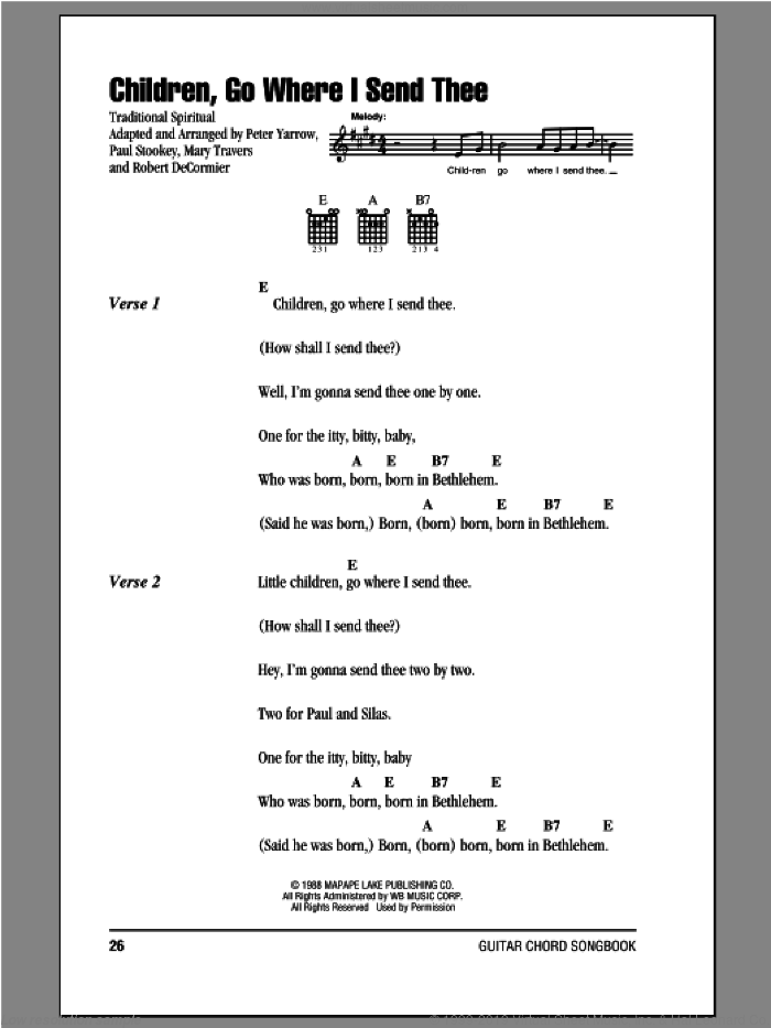Children, Go Where I Send Thee sheet music for guitar (chords) by Peter, Paul & Mary, intermediate skill level