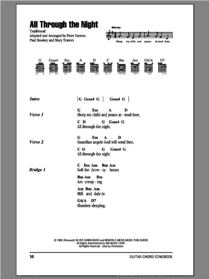All Through The Night sheet music for guitar (chords) by Peter, Paul & Mary, intermediate skill level
