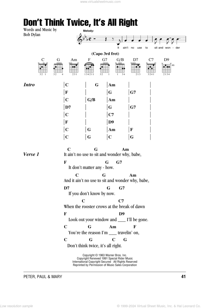 Don't Think Twice, It's All Right sheet music for guitar (chords) by Peter, Paul & Mary and Bob Dylan, intermediate skill level