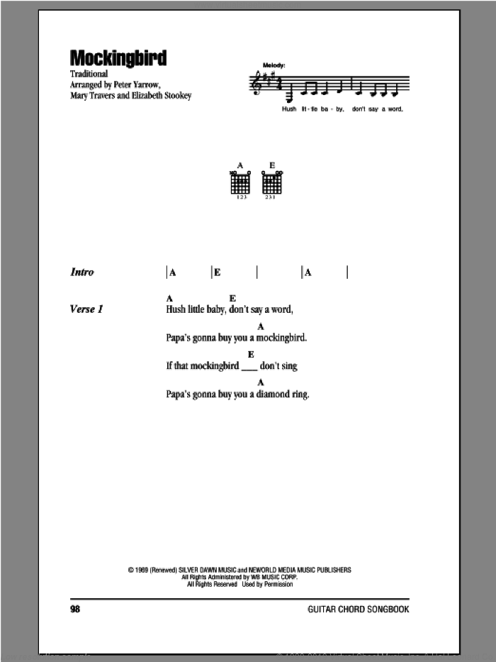 Mockingbird sheet music for guitar (chords) by Peter, Paul & Mary, intermediate skill level