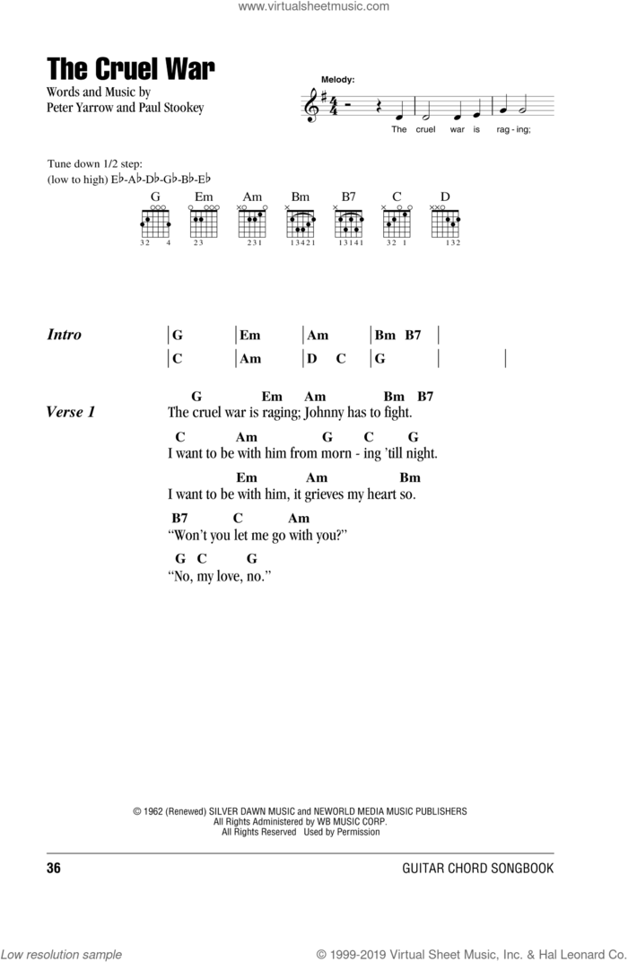 The Cruel War sheet music for guitar (chords) by Peter, Paul & Mary, intermediate skill level