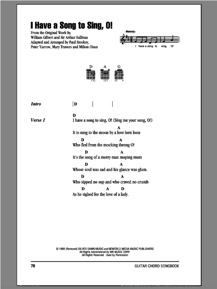 I Have A Song To Sing, O! sheet music for guitar (chords) by Peter, Paul & Mary, intermediate skill level