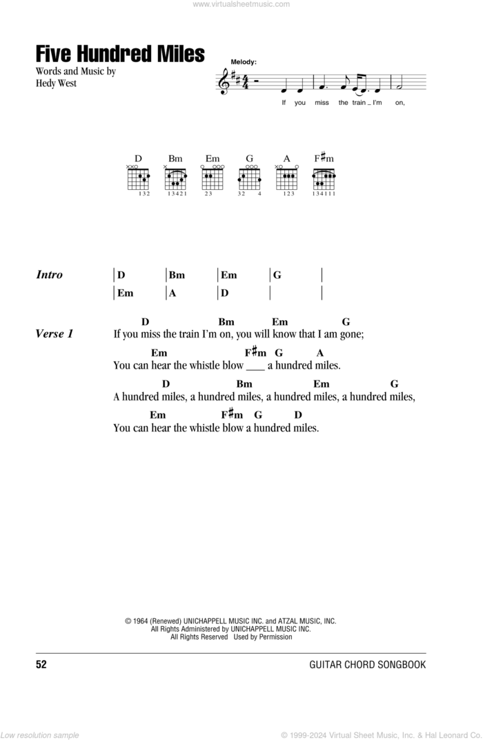 Five Hundred Miles sheet music for guitar (chords) by Peter, Paul & Mary, intermediate skill level