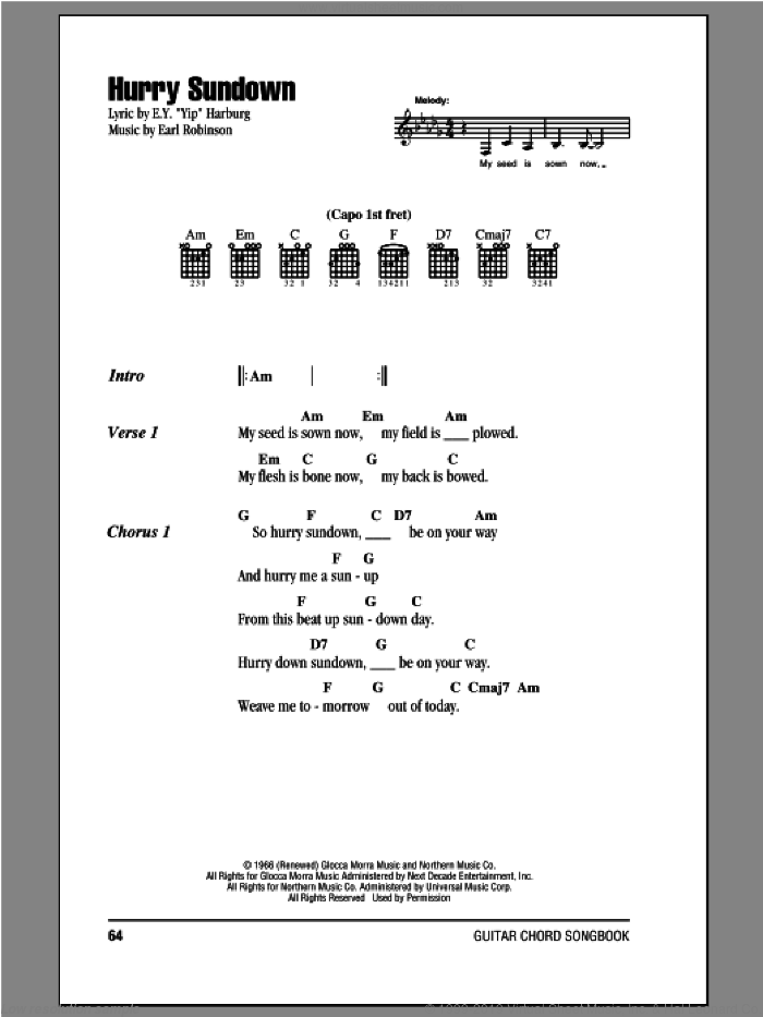 Hurry Sundown sheet music for guitar (chords) by Peter, Paul & Mary, intermediate skill level