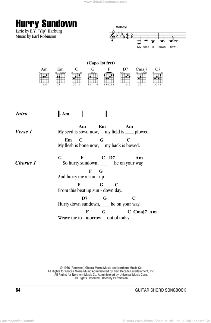 Hurry Sundown sheet music for guitar (chords) by Peter, Paul & Mary, intermediate skill level