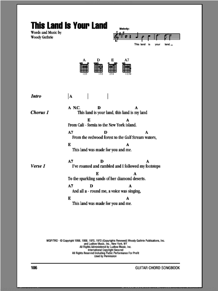 This Land Is Your Land sheet music for guitar (chords) by Peter, Paul & Mary, intermediate skill level