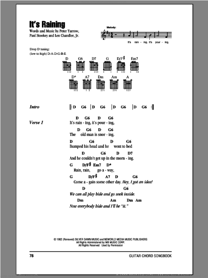 It's Raining sheet music for guitar (chords) by Peter, Paul & Mary, intermediate skill level