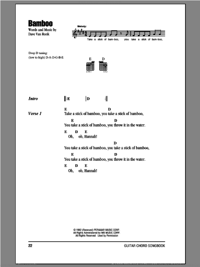 Bamboo sheet music for guitar (chords) by Peter, Paul & Mary, intermediate skill level