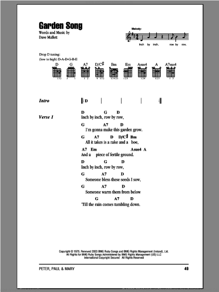 Garden Song sheet music for guitar (chords) by Peter, Paul & Mary, intermediate skill level
