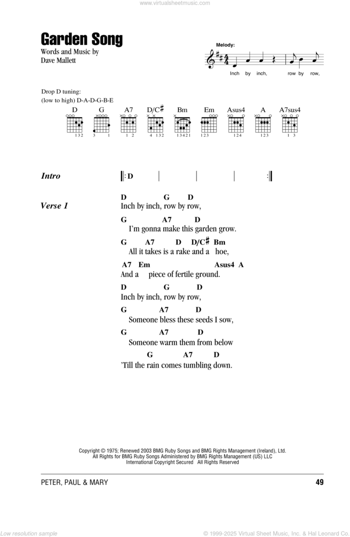 Garden Song sheet music for guitar (chords) by Peter, Paul & Mary, intermediate skill level