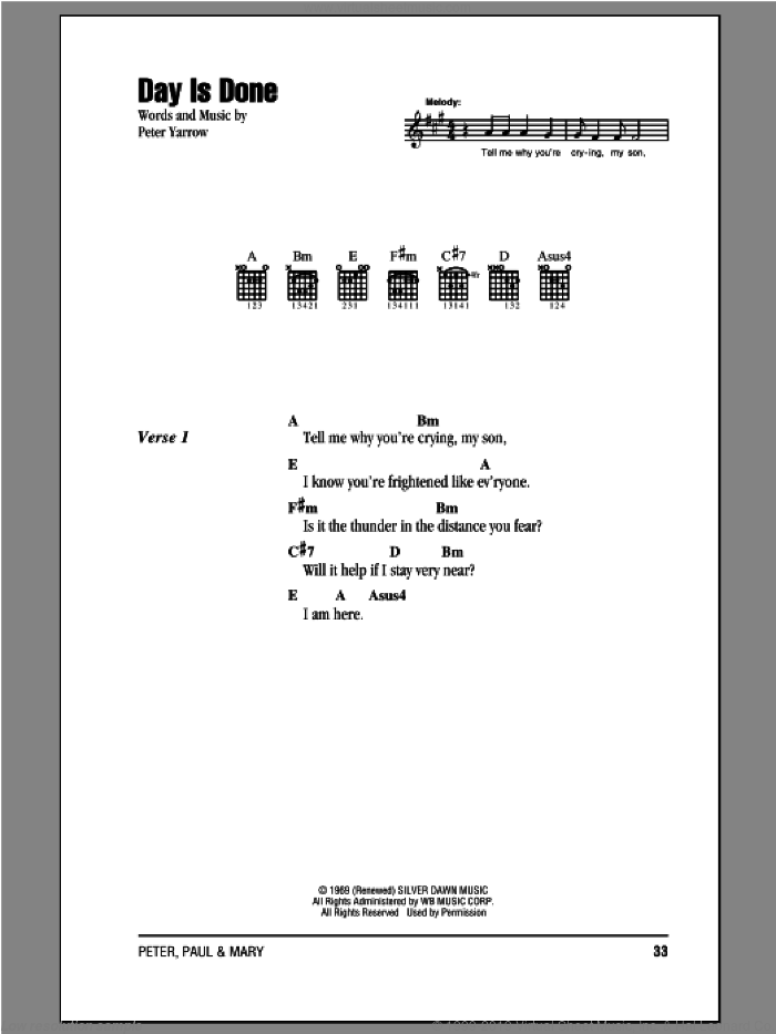 Day Is Done sheet music for guitar (chords) by Peter, Paul & Mary, intermediate skill level