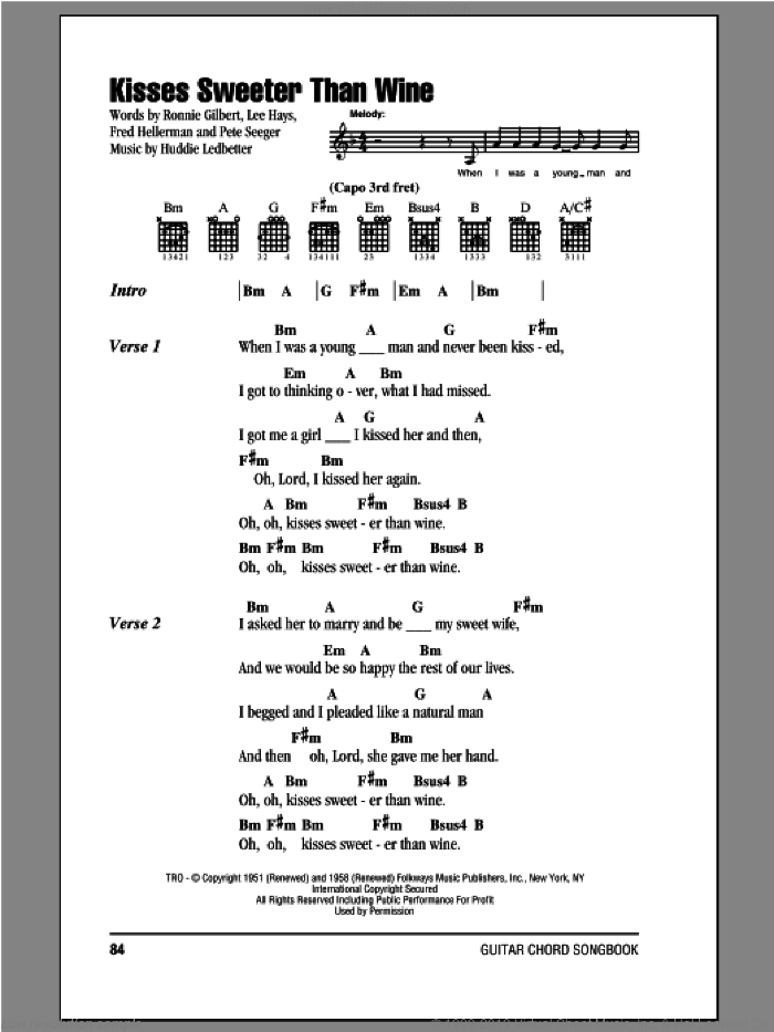 Kisses Sweeter Than Wine sheet music for guitar (chords) by Peter, Paul & Mary, intermediate skill level