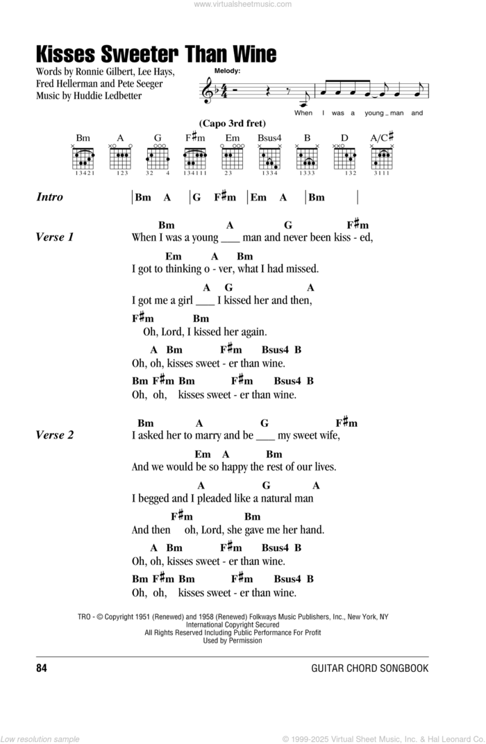 Kisses Sweeter Than Wine sheet music for guitar (chords) by Peter, Paul & Mary, intermediate skill level