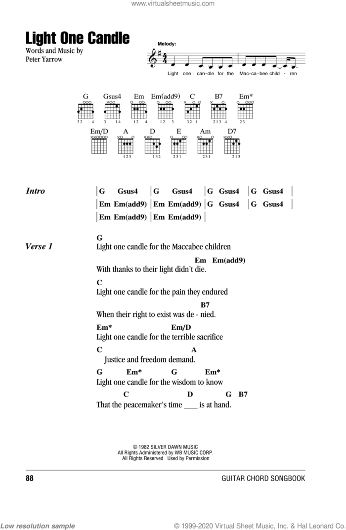 Light One Candle sheet music for guitar (chords) by Peter, Paul & Mary, intermediate skill level