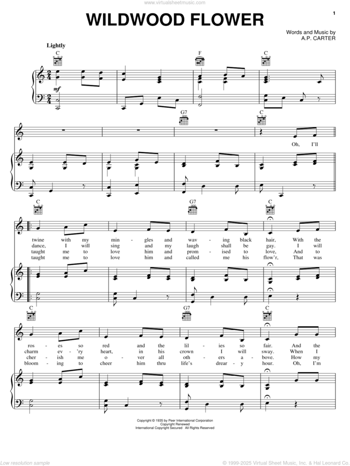 Wildwood Flower sheet music for voice, piano or guitar by Johnny Cash, The Carter Family, Walk The Line (Movie) and A.P. Carter, intermediate skill level