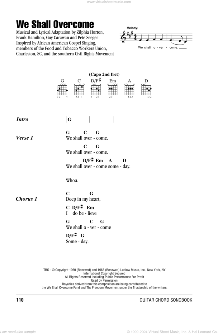 We Shall Overcome sheet music for guitar (chords) by Peter, Paul & Mary, intermediate skill level