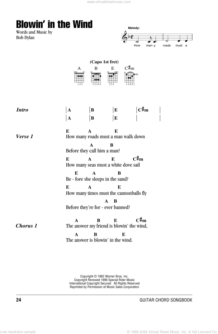 Blowin' In The Wind sheet music for guitar (chords) by Peter, Paul & Mary, intermediate skill level