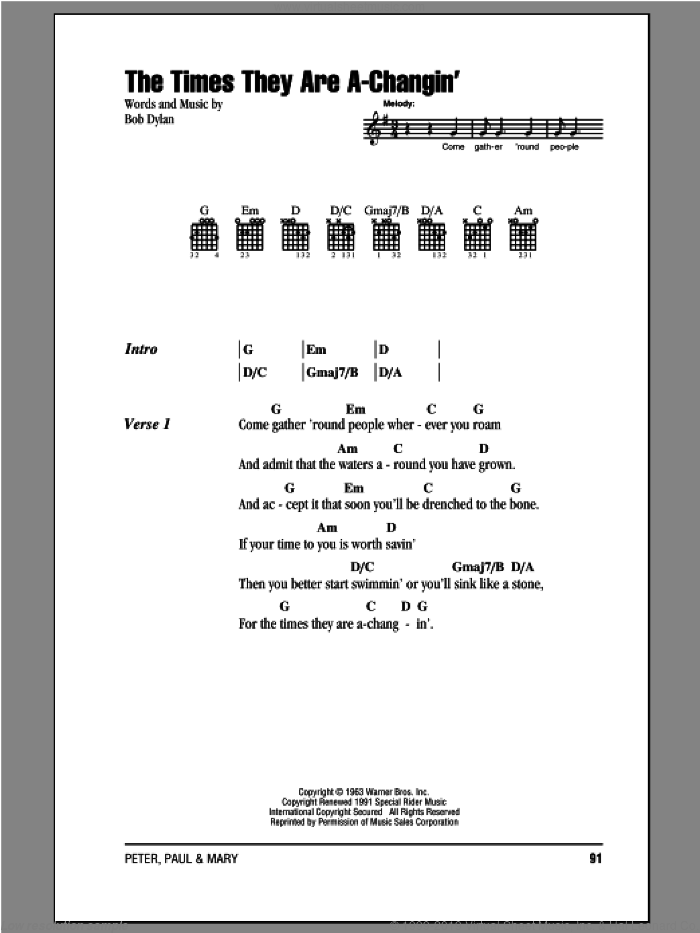 The Times They Are A-Changin' sheet music for guitar (chords) by Peter, Paul & Mary, intermediate skill level