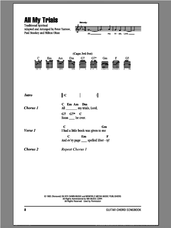 All My Trials sheet music for guitar (chords) by Peter, Paul & Mary, intermediate skill level