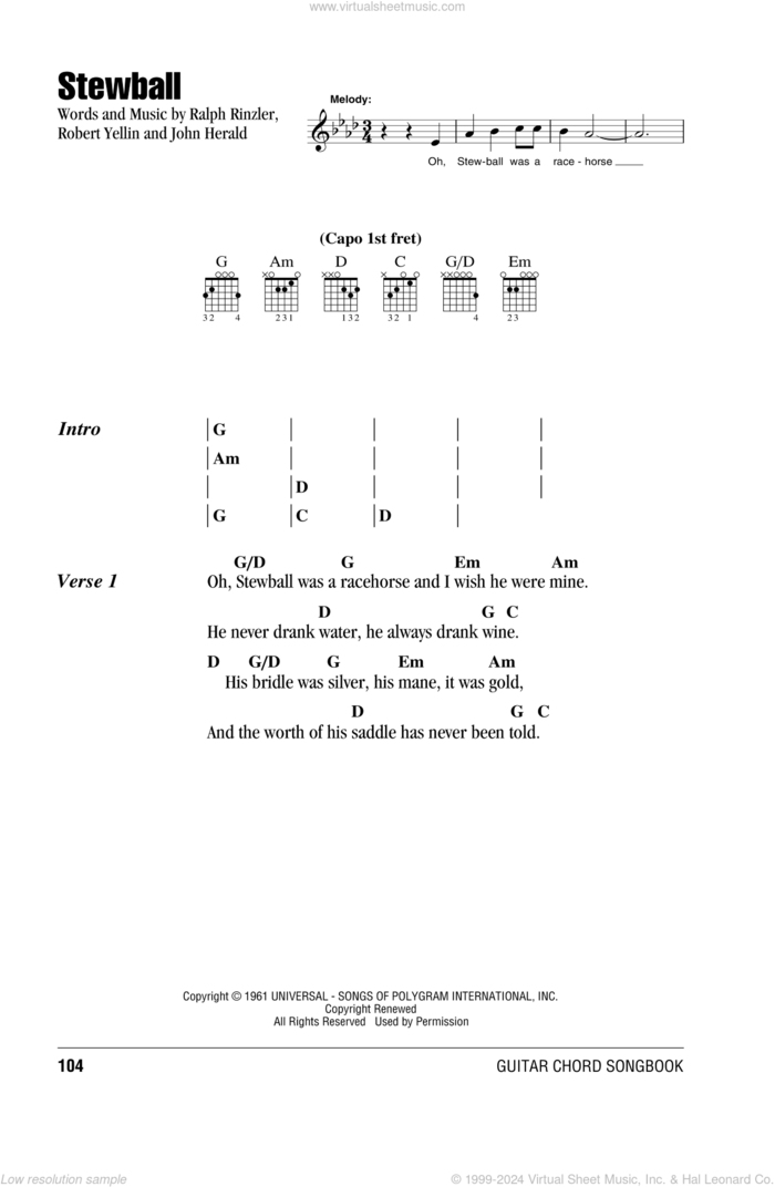 Stewball sheet music for guitar (chords) by Peter, Paul & Mary, intermediate skill level