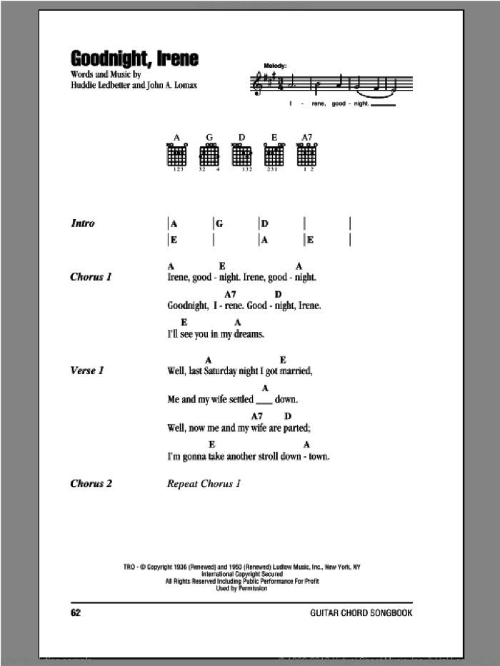 Goodnight, Irene sheet music for guitar (chords) by Peter, Paul & Mary, intermediate skill level