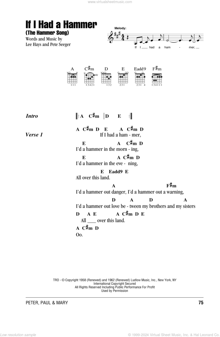 If I Had A Hammer (The Hammer Song) sheet music for guitar (chords) by Peter, Paul & Mary, intermediate skill level