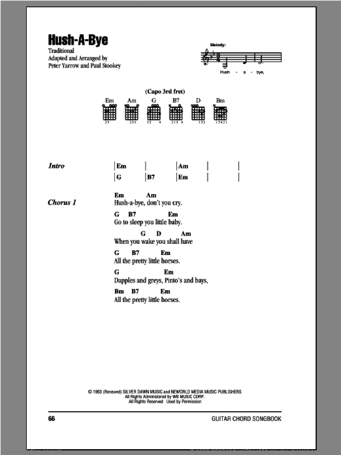 Hush-A-Bye sheet music for guitar (chords) by Peter, Paul & Mary, intermediate skill level