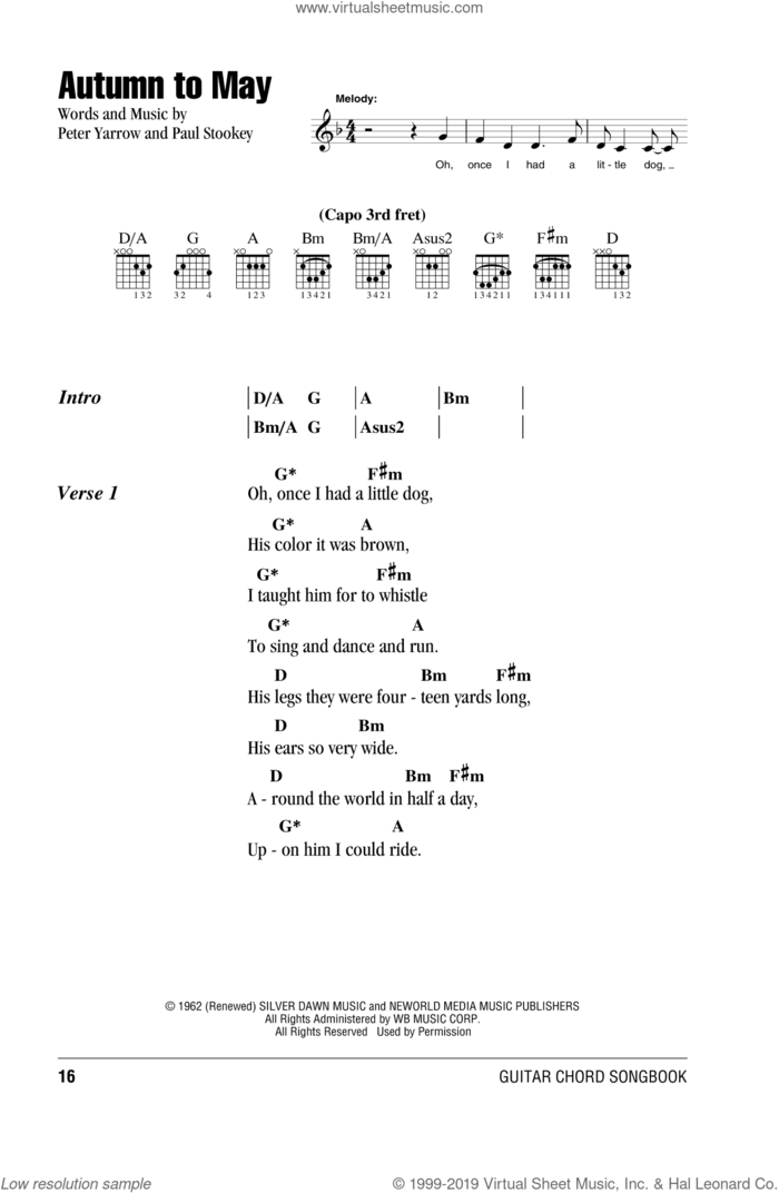 Autumn To May sheet music for guitar (chords) by Peter, Paul & Mary, intermediate skill level