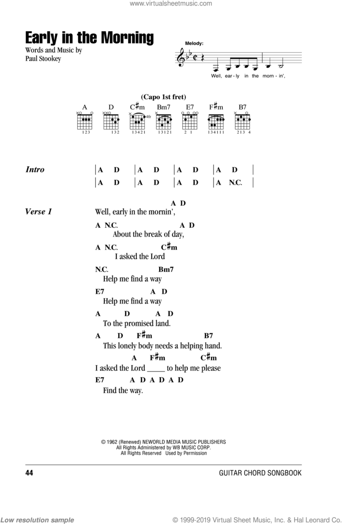 Early In The Morning sheet music for guitar (chords) by Peter, Paul & Mary, intermediate skill level