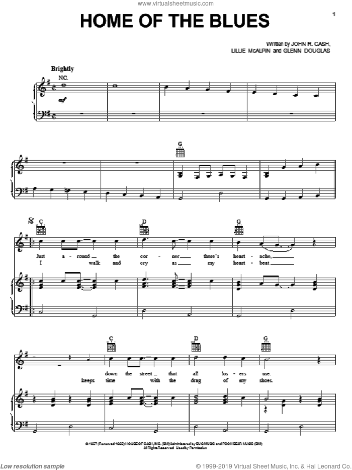 Home Of The Blues sheet music for voice, piano or guitar by Johnny Cash, Walk The Line (Movie), Glenn Douglas and Lillie McAlpin, intermediate skill level