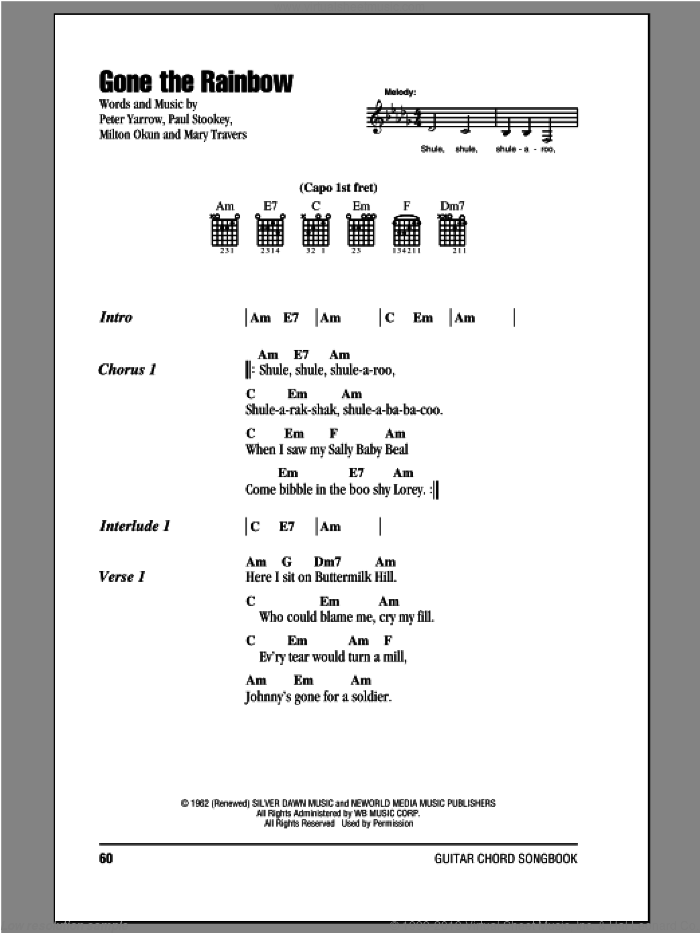 Gone The Rainbow sheet music for guitar (chords) by Peter, Paul & Mary, intermediate skill level
