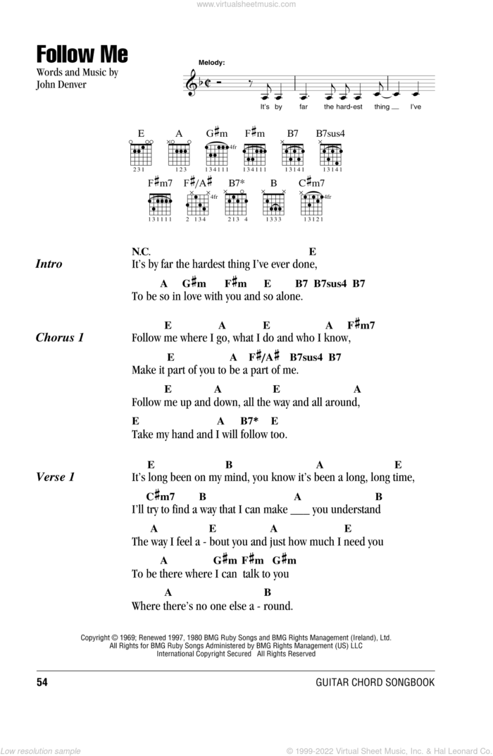 Follow Me sheet music for guitar (chords) by Peter, Paul & Mary, intermediate skill level