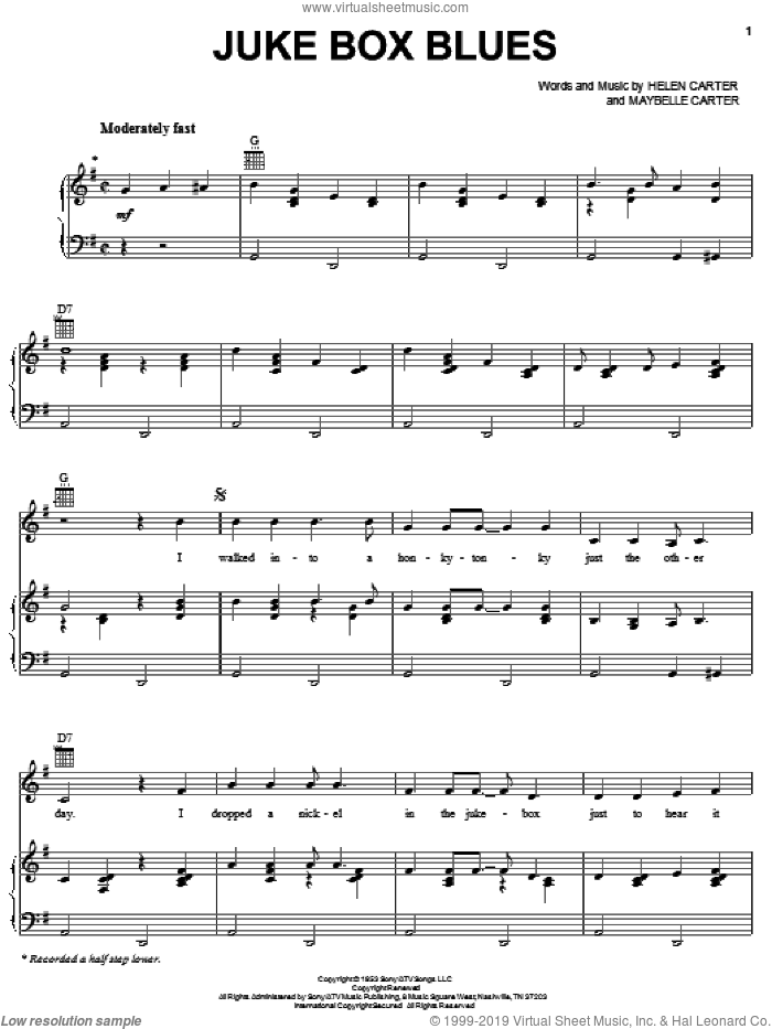 Juke Box Blues sheet music for voice, piano or guitar by June Carter Cash, Johnny Cash, Walk The Line (Movie), Helen Carter and Maybelle Carter, intermediate skill level
