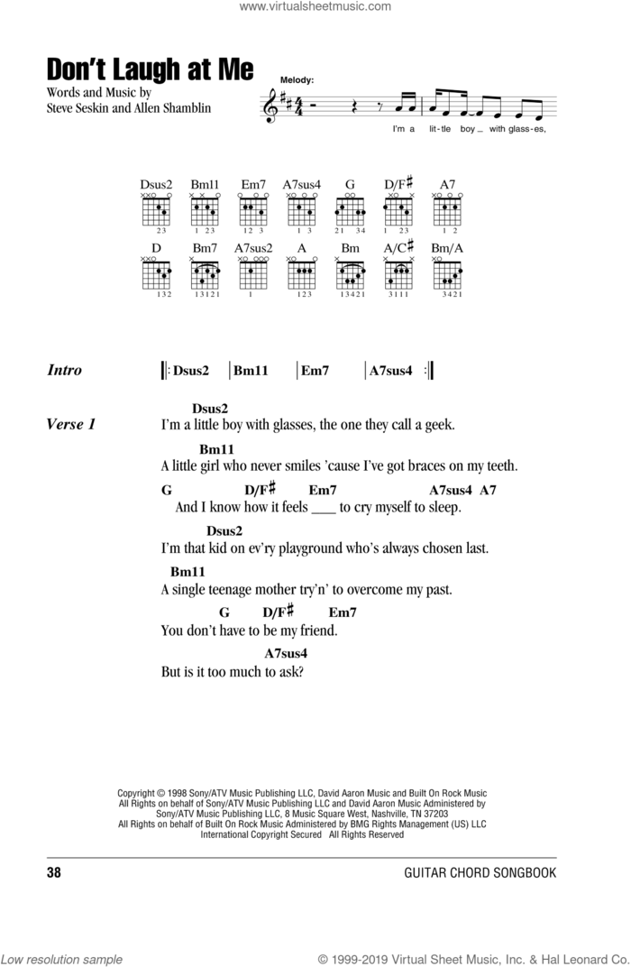 Don't Laugh At Me sheet music for guitar (chords) by Peter, Paul & Mary, intermediate skill level