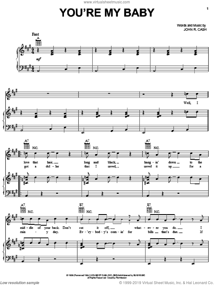 You're My Baby sheet music for voice, piano or guitar by Johnny Cash and Walk The Line (Movie), intermediate skill level