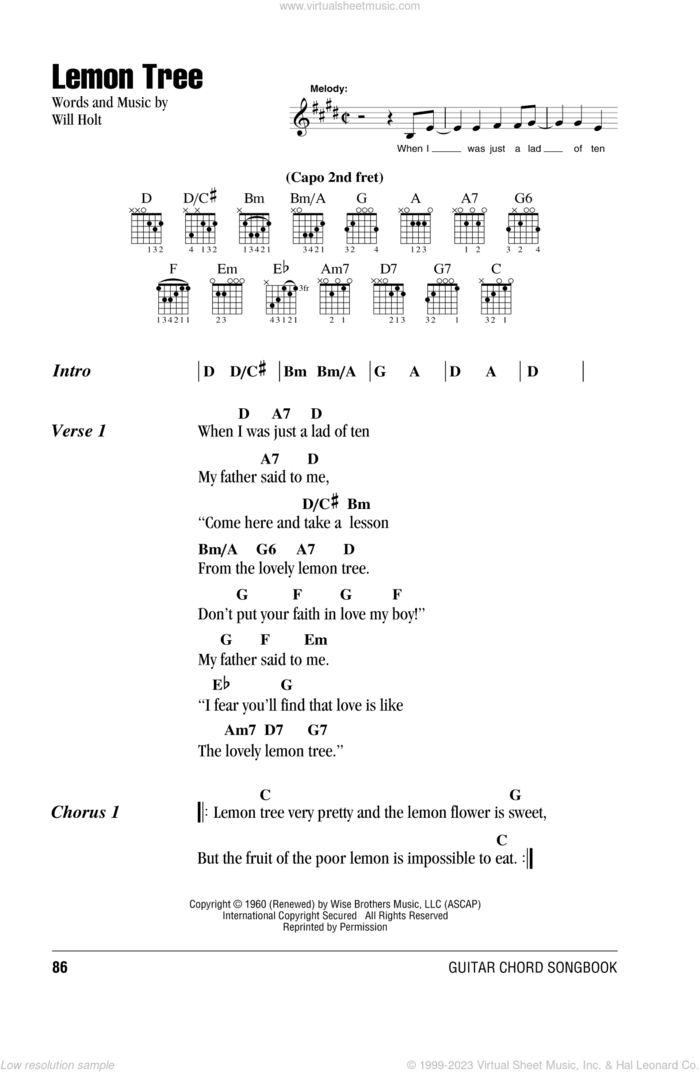Lemon Tree sheet music for guitar (chords) by Peter, Paul & Mary, intermediate skill level