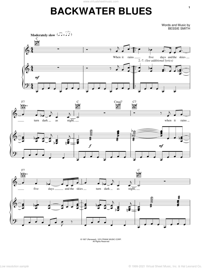Backwater Blues sheet music for voice, piano or guitar by Bessie Smith, intermediate skill level